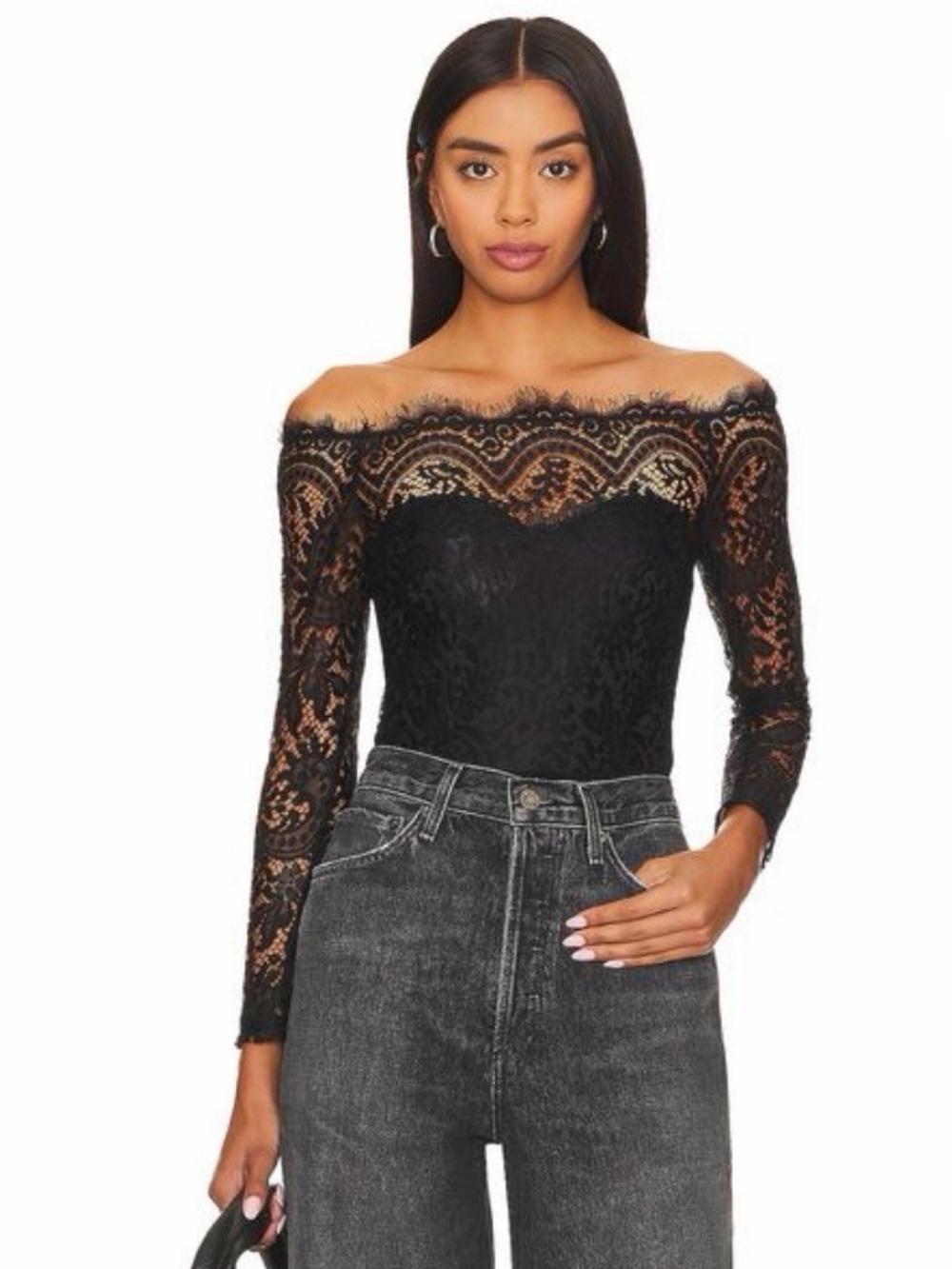 Revolve - Superdown - Rivka Off Shoulder Lace Bodysuit Brown